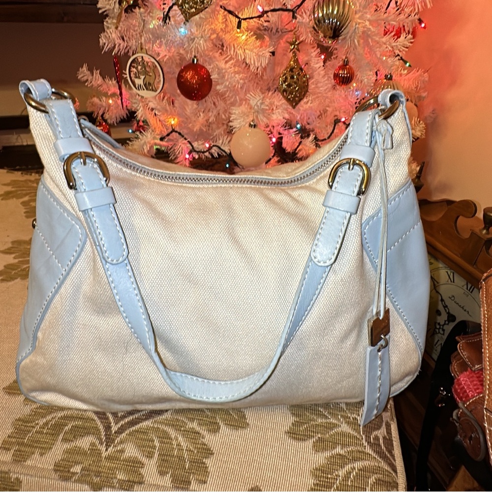 Antonio Melani Light Blue Canvas/Leather Vintage Medium Hobo Bag